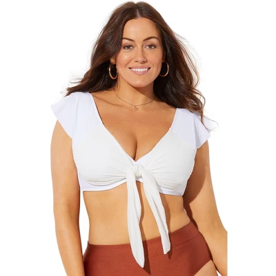 Swimsuits For All Women’s Plus Size Tie Front Cup Sized Cap Sleeve Underwire Bikini Top - Image 3