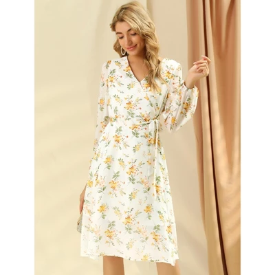 Allegra K Women's Boho Floral V Neck Tie Waist Long Sleeve Casual Chiffon Wrap Midi Dress - Image 3