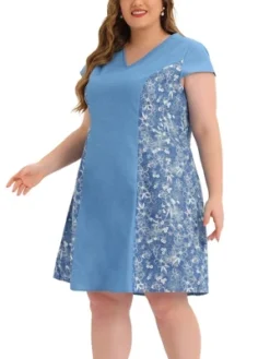 Agnes Orinda Women's Plus Size Chambray Wedding Floral A Line Knee Length Dress