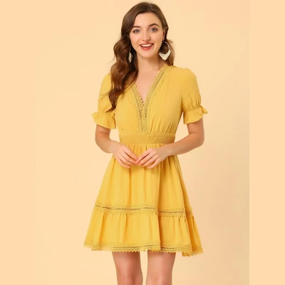 Allegra K Women's V Neck Smocked Elastic Waist Short Sleeve Boho Crochet Trim Mini Dress - Image 2