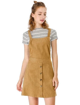 Allegra K Women's Corduroy Button Front A-Line Bib Overall Pinafore Skirts