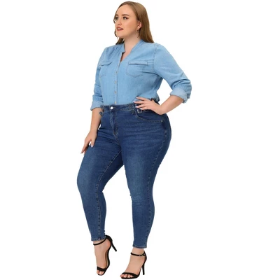 Agnes Orinda Women's Plus Size Jean High Waist Buckle Decor Slash Pocket Work Stretch Washed Denim Skinny Jeans - Image 2