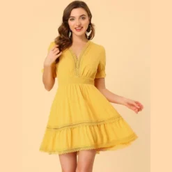 Allegra K Women's V Neck Smocked Elastic Waist Short Sleeve Boho Crochet Trim Mini Dress