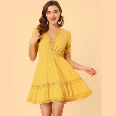 Allegra K Women's V Neck Smocked Elastic Waist Short Sleeve Boho Crochet Trim Mini Dress