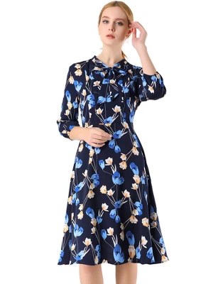 Allegra K Women's Floral Tie Neck 3/4 Sleeve Office Work Midi Flowy Flare Dress - Image 10