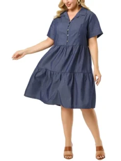Agnes Orinda Women's Plus Size Babydoll Half Placket Elastic Back Button Chambray Dresses