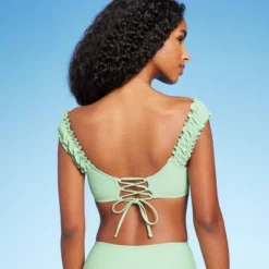 Women's Shirred Off The Shoulder Bralette Lace-Up Bikini Top - Shade & Shoreâ„¢ Light Green