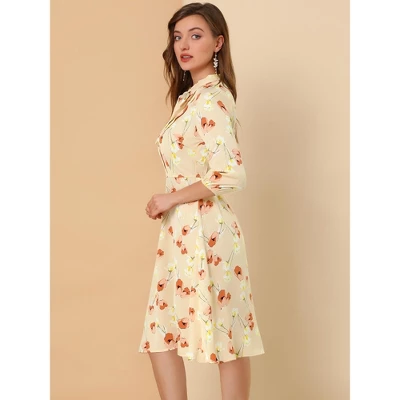 Allegra K Women's Floral Tie Neck 3/4 Sleeve Office Work Midi Flowy Flare Dress - Image 3