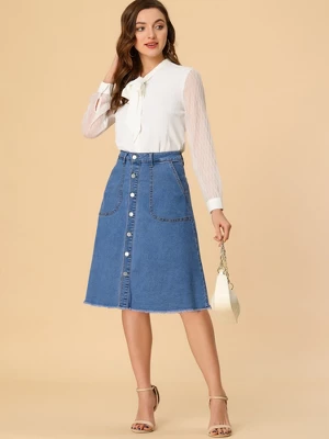 Allegra K Women's Denim Skirts Raw Hem Button Down Midi Jeans Skirt