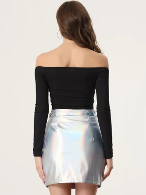 Allegra K Women's Metallic Bodycon Belted Short Shiny Skirt - Image 2