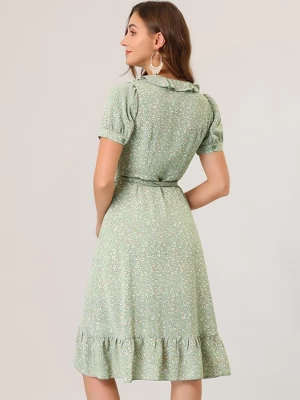 Allegra K Women's Floral Ruffle V Neck Tie Short Sleeve Wrap Midi Dresses - Image 4