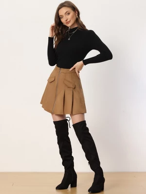 Allegra K Women's Faux Suede Zipper Front High Waist A-Line Mini Skater Skirt - Image 3