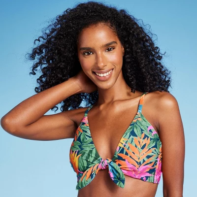 Women's Tie-Front Longline Bikini Top - Shade & Shore™ Multi Tropical Floral Print - Image 2