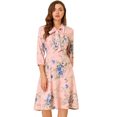 Allegra K Women's Floral Tie Neck 3/4 Sleeve Office Work Midi Flowy Flare Dress - Image 7
