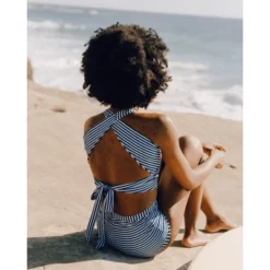 Lime Ricki Women's Indigo Stripe Cross-Back Crop Top