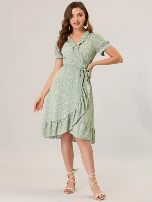 Allegra K Women's Floral Ruffle V Neck Tie Short Sleeve Wrap Midi Dresses - Image 2