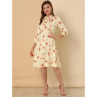 Allegra K Women's Floral Tie Neck 3/4 Sleeve Office Work Midi Flowy Flare Dress