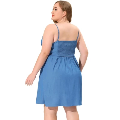Agnes Orinda Women's Plus Size Casual Button Down Strap Smocked Back Chambray Sundress - Image 3