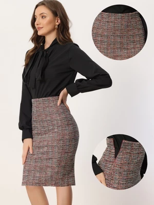 Allegra K Women's Plaid Tweed High Waist Split Office Pencil Wrap Skirt