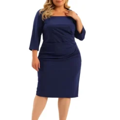 Agnes Orinda Women's Plus Size Square Neck Three Quarter Sleeve Pleated Front Sheath Dresses