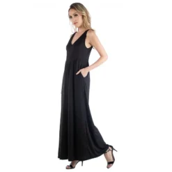 24seven Comfort Apparel Sleeveless V Neck Maxi Dress With Pocket Detail