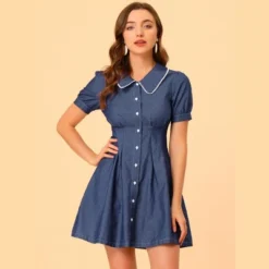 Allegra K Women's Chambray Puff Button Front Flare A-line Mini Shirt Dresses