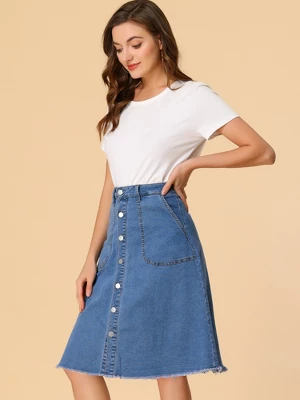Allegra K Women's Denim Skirts Raw Hem Button Down Midi Jeans Skirt - Image 3