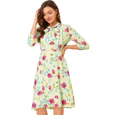 Allegra K Women's Floral Tie Neck 3/4 Sleeve Office Work Midi Flowy Flare Dress - Image 12