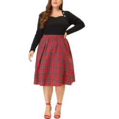 Agnes Orinda Women's Plus Size Velvet Plaid A-Line Elastic Waist Flare Skirts