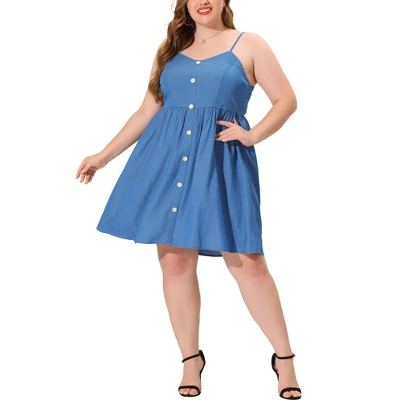 Agnes Orinda Women's Plus Size Casual Button Down Strap Smocked Back Chambray Sundress - Image 5