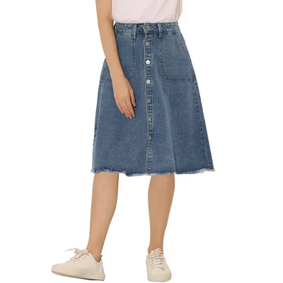 Allegra K Women's Denim Skirts Raw Hem Button Down Midi Jeans Skirt - Image 7