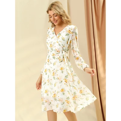 Allegra K Women's Boho Floral V Neck Tie Waist Long Sleeve Casual Chiffon Wrap Midi Dress
