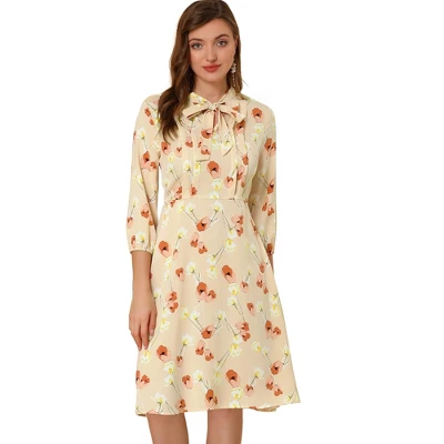 Allegra K Women's Floral Tie Neck 3/4 Sleeve Office Work Midi Flowy Flare Dress - Image 6