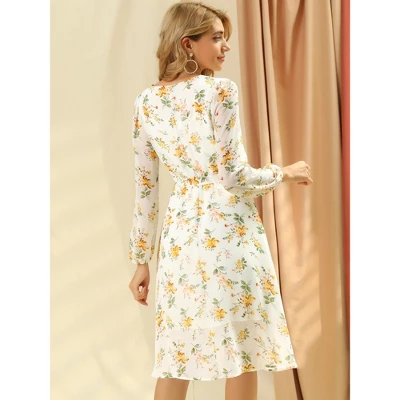 Allegra K Women's Boho Floral V Neck Tie Waist Long Sleeve Casual Chiffon Wrap Midi Dress - Image 4