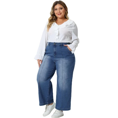 Agnes Orinda Women's Plus Size Wide Leg Baggy Washed Stretch With Pockets Denim Ankle Jeans - Image 2