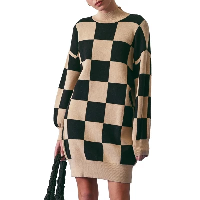 August Sky Women's Checkerboard Mock Neck Sweater Dress - Image 3