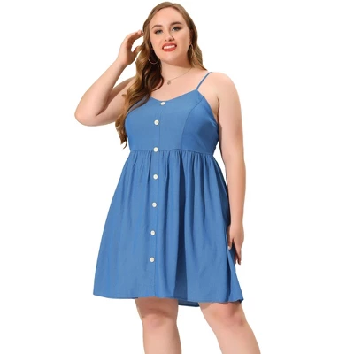 Agnes Orinda Women's Plus Size Casual Button Down Strap Smocked Back Chambray Sundress - Image 2