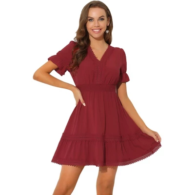 Allegra K Women's V Neck Smocked Elastic Waist Short Sleeve Boho Crochet Trim Mini Dress - Image 11