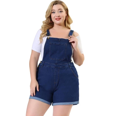 Agnes Orinda Women's Plus Size Adjustable Strap Pocket Roll Hem Denim Overall Jean Shorts - Image 3