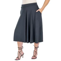 24seven Comfort Apparel Elastic Waist Pleated Pocket Plus Size Midi Skirt