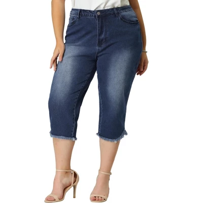 Agnes Orinda Women's Plus Size Casual Capri Frayed Hem Washed Chambray Denim Jean - Image 3