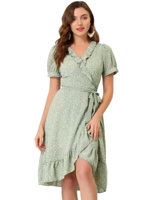 Allegra K Women's Floral Ruffle V Neck Tie Short Sleeve Wrap Midi Dresses - Image 6