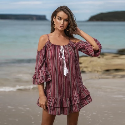 Women's Striped Open-Shoulder Tassel Dress - Cupshe - Image 7
