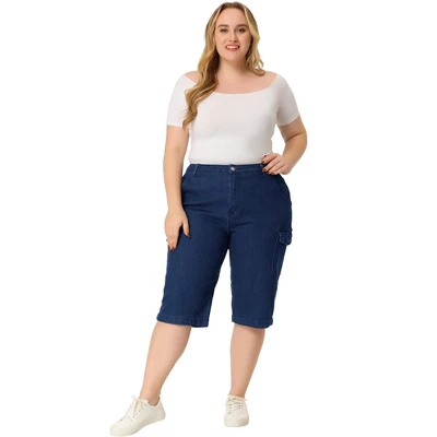 Agnes Orinda Women's Plus Size Jeans Zipper Slash Pocket Button Denim Cargo Shorts - Image 2