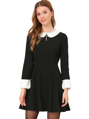 Allegra K Women's Peter Pan Collar Contrast Button Decor Long Sleeve Flare Dress - Image 6