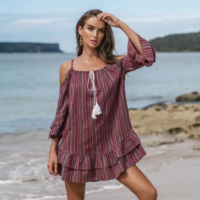 Women's Striped Open-Shoulder Tassel Dress - Cupshe - Image 3