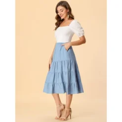 Allegra K Women's Midi Solid Elastic Waist Flare Tiered Long A-Line Skirt With Pockets