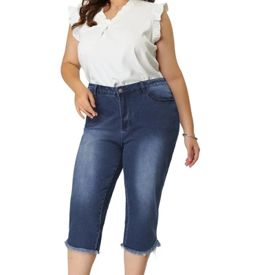Agnes Orinda Women's Plus Size Casual Capri Frayed Hem Washed Chambray Denim Jean - Image 6