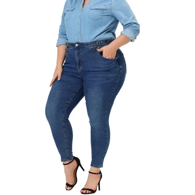 Agnes Orinda Women's Plus Size Jean High Waist Buckle Decor Slash Pocket Work Stretch Washed Denim Skinny Jeans - Image 6
