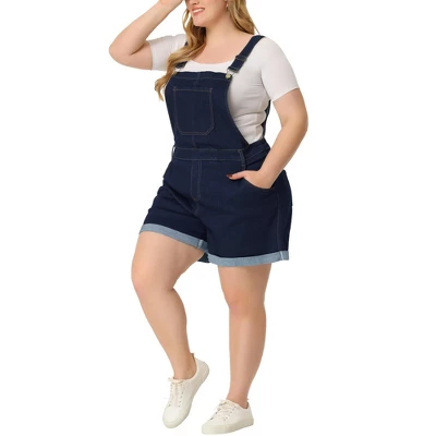 Agnes Orinda Women's Plus Size Adjustable Strap Pocket Roll Hem Denim Overall Jean Shorts - Image 9